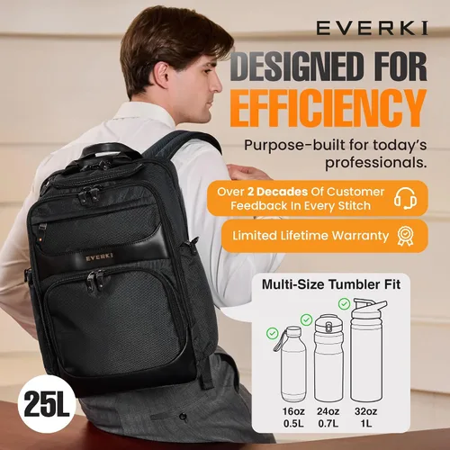 Vista 3 de EVERKI Onyx Mochila para portátil de negocios – Bolso de cuero balístico y nylon duradero, diseño apto para viajes, espacio dedicado para portátiles