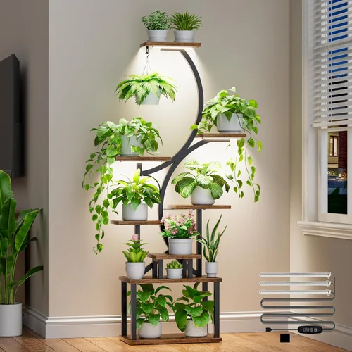 Vista 10 de Soporte para plantas con luces de cultivo para plantas de interior, estante esquinero alto de 8 niveles con luz de espectro completo, en forma de S