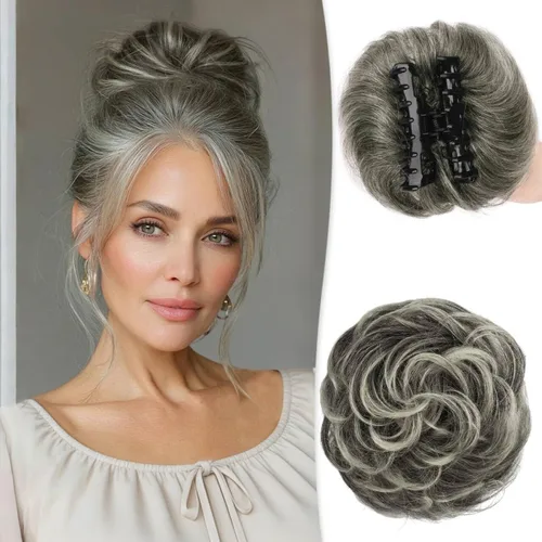 Vista 8 de RUWISS Extensiones de cabello humano real, ondulado y rizado, moño despeinado, cola de caballo para mujer (12H24# castaño rojo/rubio mediano)