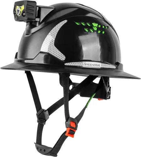 Vista 7 de GREEN DEVIL Casco de Construcción Matrix de ala completa con luz frontal, Casco de seguridad ventilado aprobado por OSHA para trabajos de Negro