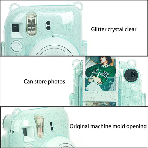 Vista 3 de Yitengteng Funda de cristal transparente con purpurina para cámara Fujifilm Instax Mini 12, funda protectora ajustable para cámara de PC