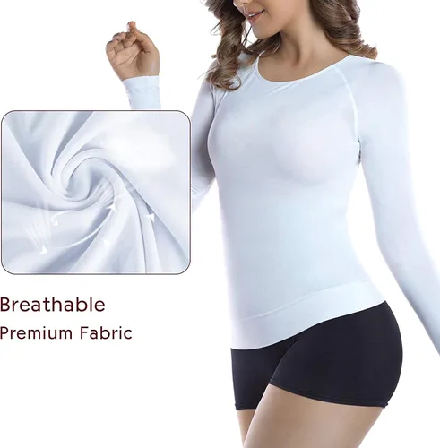 Vista 4 de +MD Camisetas de bambú para mujer para cintura y busto de manga larga, ropa interior térmica con cuello redondo