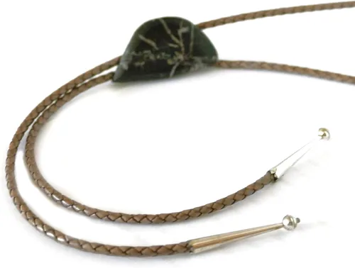 Vista 6 de Bolo Tie with an Irregular Shaped Piece of Maroon Jasper with Tan-Grey Lines "Chinese Writing" on Leather cord with Sterling Silver Tips