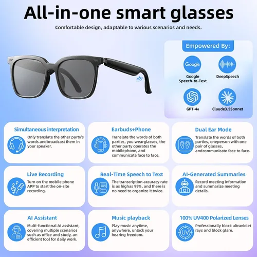 Vista 2 de Lentes inteligentes, gafas Bluetooth para hombres y mujeres, protección UV, traducción en tiempo real con más de 144 idiomas, gafas AI con chat GPT