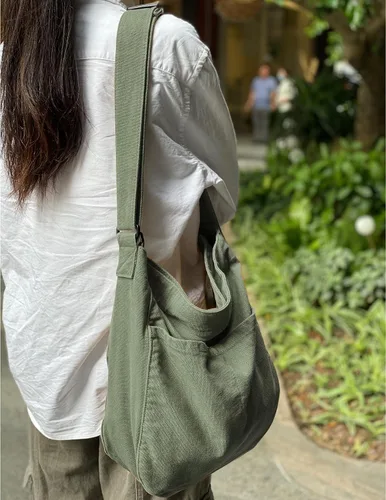 Vista 3 de Bolso bandolera de lona para mujeres y hombres con múltiples bolsillos, casual, bolsa de mensajero, viajes, trabajo