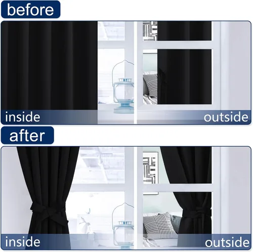 Vista 6 de Hiasan Cortinas opacas negras para dormitorio, cortinas opacas cortas de 45 pulgadas de largo, con aislamiento térmico, bolsillo para barra