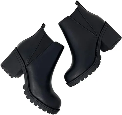 Vista 6 de Soda Botines de tacón grueso con suela de almendra para mujer, Poliuretano negro
