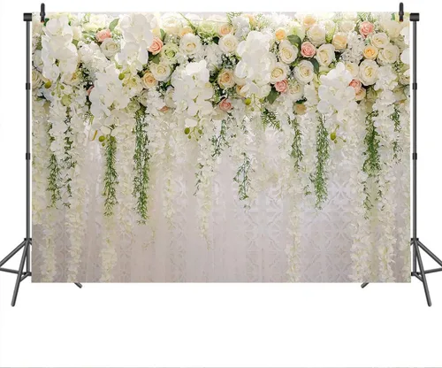 Vista 3 de Mocsicka Telón de fondo de pared de flores de boda para sesión de fotos, decoración de boda para recepción, pancarta de fondo floral de rosa blanca