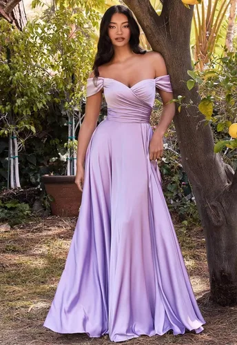 Vista 3 de PEIYJYUSP Vestidos de dama de honor de satén con hombros descubiertos para boda, largo, fruncido, acampanado, vestido de graduación formal