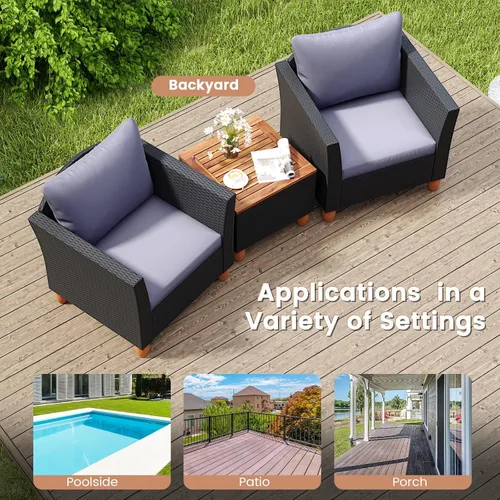 Vista 6 de COSTWAY Juego de muebles de ratán de 3 piezas, juego de sillas de mimbre para exteriores con mesa de centro de madera de acacia y cojín lavable
