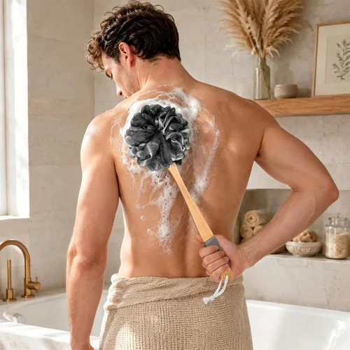 Vista 8 de AmazerBath Esponja de Ducha Loofah Exfoliante para la Espalda, Exfoliante Corporal de Malla Suave de PE con Mango Largo de Madera, Esponja de Baño