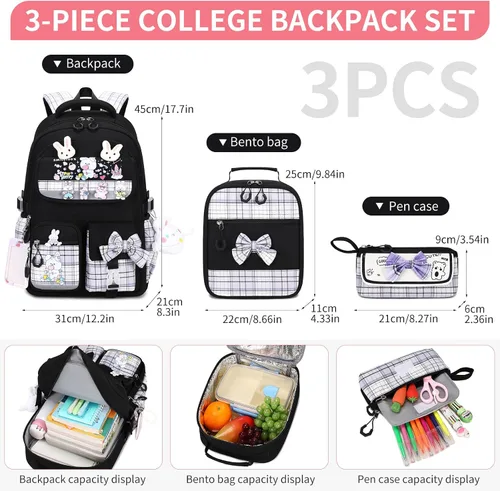 Vista 2 de CYOQX Mochila escolar para niñas, 3 piezas, con lonchera, juego de mochila para adolescentes y niñas, linda mochila escolar para niños y niñas