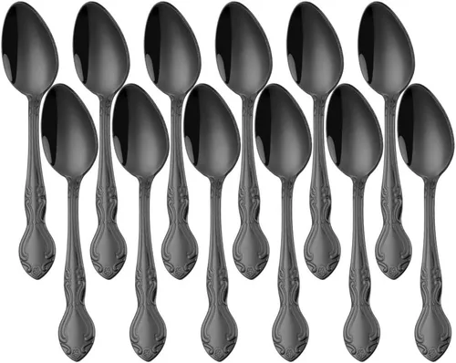 Vista 18 de Cucharas de sopa, cucharas redondas de acero inoxidable para caldo con borde de flor, juego de 12 piezas de acero inoxidable para café, azúcar