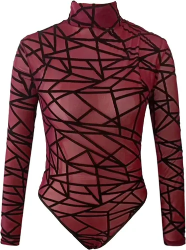 Vista 5 de Mono para mujer de malla sexy de manga larga, leotardo de cóctel para mujer (vino, M)