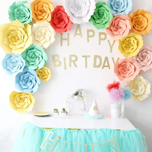 Vista 5 de Decoración de flores de papel gigantes para boda, fiesta, telón de fondo de flores, flores hechas a mano para guardería, decoración de pared de Crema