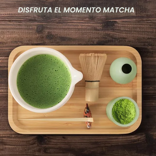 Vista 3 de Artcome Juego de té matcha japonés, cuenco de matcha con boquilla para verter, bandeja de té, batidor de bambú, soporte para batidor de cerámica