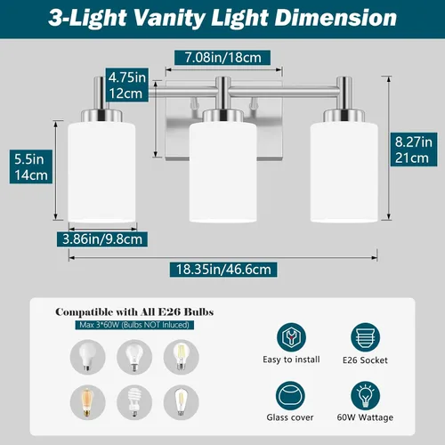 Vista 2 de 3-Light Brushed Nickel Bathroom Light Fixtures Over Mirror, Rustproof Brushed Nickel Vanity Light, Modern Bathroom Vanity Lights with Milky White