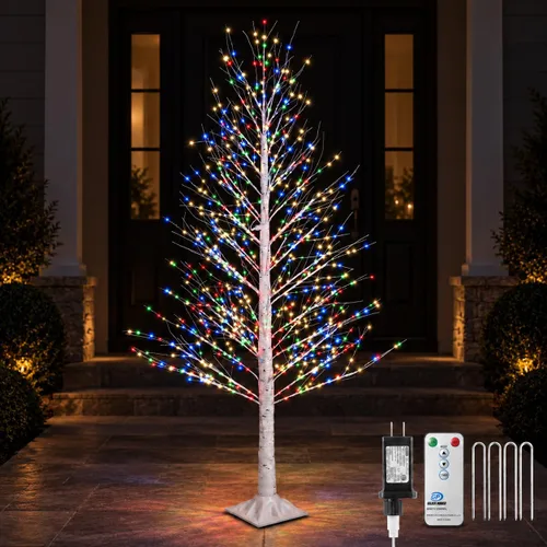 Vista 11 de Árbol de abedul iluminado de 7 pies, 1000 luces LED multicolor con luces parpadeantes, modos parpadeantes o constantes, alambre de alta densidad