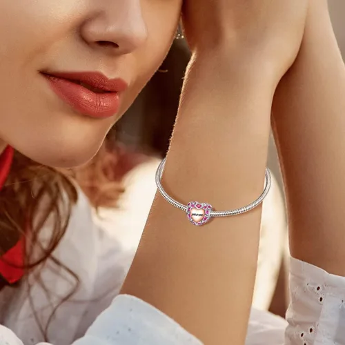 Vista 3 de Abalorios de plata de ley 925 con forma de corazón y flor de rosa 3D para pulseras, collares, bodas, día de San Valentín, día de la madre, regalo