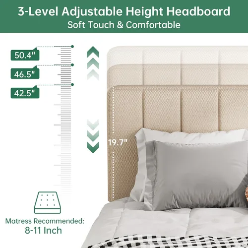 Vista 3 de Base de cama tamaño King con cabecero, cama de plataforma de lino con cabecera tapizada suave de altura ajustable, 10 piezas de soporte de listones