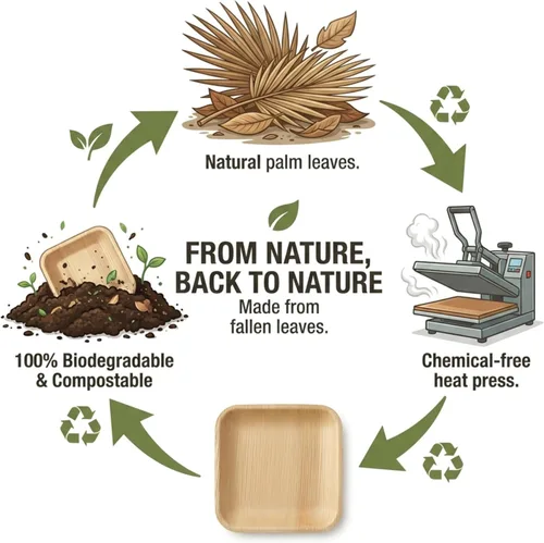 Vista 5 de Platos cuadrados de hoja de palmera – Platos similares al bambú, ecológicos, desechables, compostables y biodegradables para bodas, fiestas