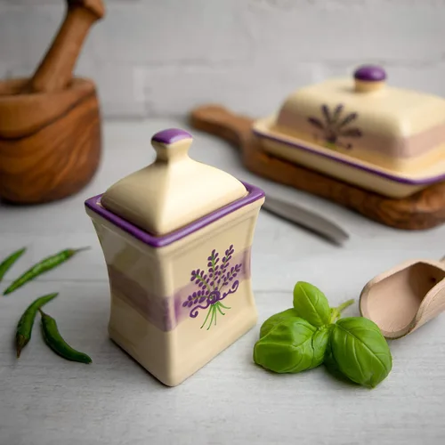 Vista 5 de City to Cottage® Patrón lavanda morado y crema Hecho a mano Cocina pequeña de cerámica de 5.3 onzas / 5.1 fl oz Especias de hierbas Juego