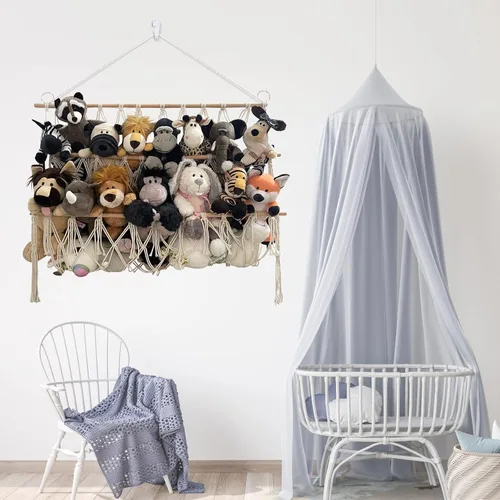 Vista 7 de Red de animales de peluche o hamaca hecha a mano para animales de peluche, esquina para colgar en la pared para almacenamiento organizador soporte