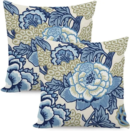 Vista 31 de Juego de 2 almohadas coloridas de estilo chinoiserie, color rosa intenso, azul real, peonía, floral, blanco, lino, estilo chinoiserie, para sofá
