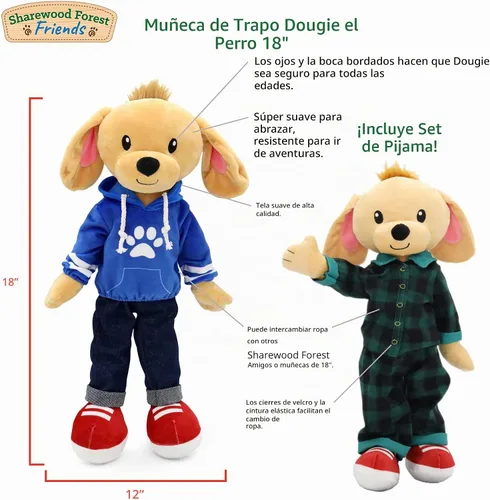 Vista 2 de Muñeca de Bebé Suave Plushible, Perro de 18 Pulgadas - Muñeca de Trapo de Peluche con 2 Conjuntos de Ropa, Mi Primer Juguete de Peluche para Niñas