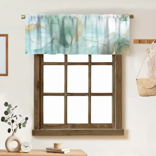Vista 25 de Cortina de cenefa de mármol verde con venas doradas de mármol negro, diseño abstracto de lujo, elegante cenefa con bolsillo para barra, 1 panel