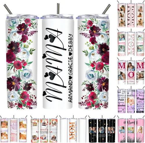 Vista 29 de Regalos para el Día de la Madre, vaso personalizado con foto de mamá, vasos delgados con tapa de nombre y pajita, 20 onzas, taza de café de viaje