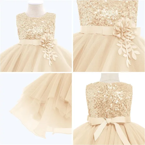 Vista 6 de Vestidos de niña de flores sin mangas de lentejuelas hinchado vestido de tul de la boda de la dama de honor del concurso bautismo cumpleaños vestido