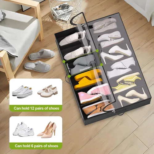 Vista 4 de homyfort Almacenamiento de zapatos debajo de la cama con ruedas, se adapta a 24 pares, organizador de zapatos rodante con soporte inferior y tapas