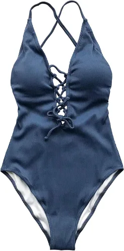 Vista 4 de CUPSHE Traje de baño de una pieza con cordones, cuello en V y color liso para mujer