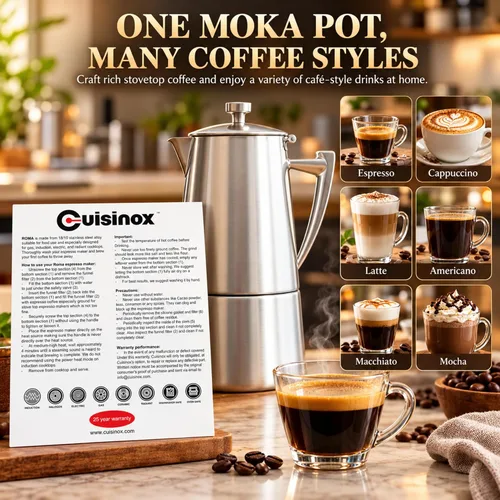 Vista 10 de CUISINOX Roma - Máquina de café expreso de acero inoxidable satinado para estufa, 6 tazas 18/10 stainless steel moka pot with 6-cup capacity