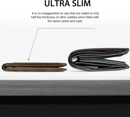 Vista 2 de GSOIAX Billetera delgada para hombre minimalista de cuero genuino fibra de carbono con bloqueo RFID de cuero vacuno plegable con caja de regalo