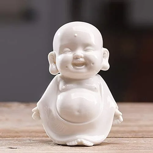 Vista 4 de Kingzhuo Juego de 3 estatuas de monje de Buda sonriente de cerámica, figuras de porcelana blanca, adornos de muñecas coleccionables felices, figuras