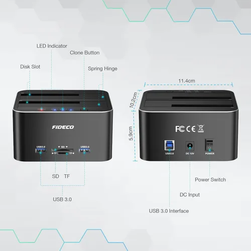 Vista 7 de FIDECO Estación de acoplamiento para disco duro, USB 3.0 Estaciones de acoplamiento de disco duro de aluminio 2.5"/3.5" SATA HDD SSD, lector