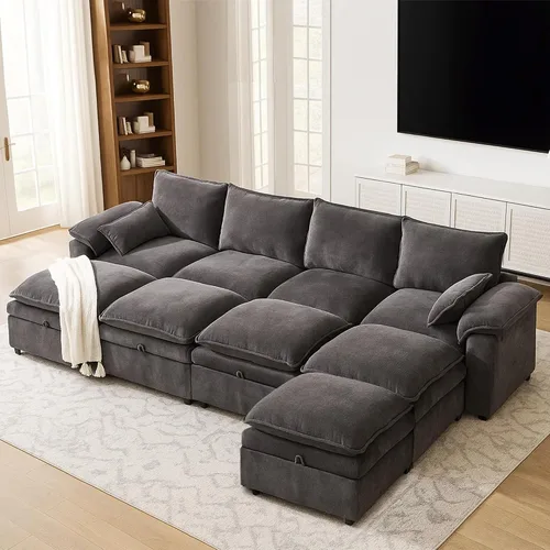 Vista 10 de Juego de sofá modular grande en forma de U – Sofá de nube de gran tamaño de 4 plazas para sala de estar, sofás grandes y cómodos de tela