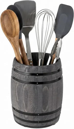 Vista 9 de MyGift Crock para Utensilios de Cocina con Diseño de Barril de Vino, Soporte de Herramientas de Cocina de Madera Quemada Vintage Rústica