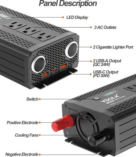 Vista 5 de Inversor de corriente de 1000 W de 12 V a 110 V/120 V para camping RV 3 AC Outlets, 24W USB-A & 30W PD, Dual Cigarette Lighter Ports, Power