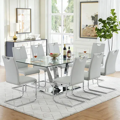 Vista 51 de Juego de mesa de comedor de vidrio de 70 pulgadas para 4, mesa rectangular de cristal dorado con 4 sillas de piel sintética, juego de mesa de Mesa
