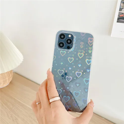 Vista 4 de Jusy Compatible con iPhone 7 Plus / 8 Plus holográfico Love Heart Iridescent Clear Kawaii, funda estética láser brillante arco iris, bonita funda