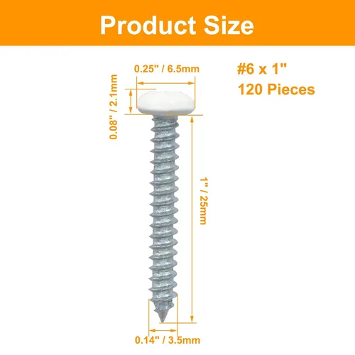 Vista 2 de 120 piezas de tornillos de cabeza plana blancos #6 x 1, tornillos autorroscantes Phillips para chapa metálica para madera