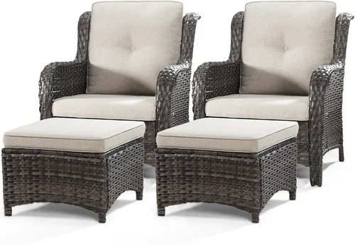 Vista 48 de Juego de 2 sillas de patio giratorias de 360 grados para exteriores y mesa auxiliar a juego – 3 sillas deslizantes de mimbre para patio con cojines
