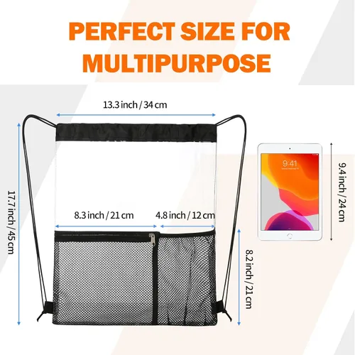Vista 2 de Paquete de 2 bolsas transparentes con cordón aprobadas para estadios, mochila transparente de PVC con cordón, Negro -, Bolso de cordón transparente