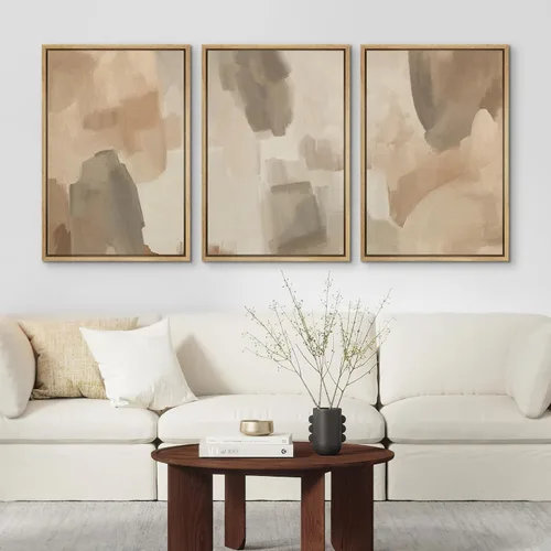 Vista 271 de SIGNFORD - Set de obras de arte en lienzo enmarcado para pared, ilustraciones abstractas de neblina del desierto en tonos neutros beige y marrón