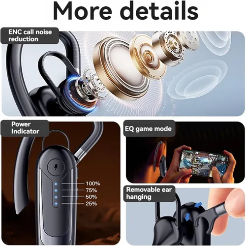 Vista 7 de Auriculares Bluetooth, auricular inalámbrico de una sola oreja con micrófono ENC con cancelación de ruido, 30 horas de tiempo de llamada