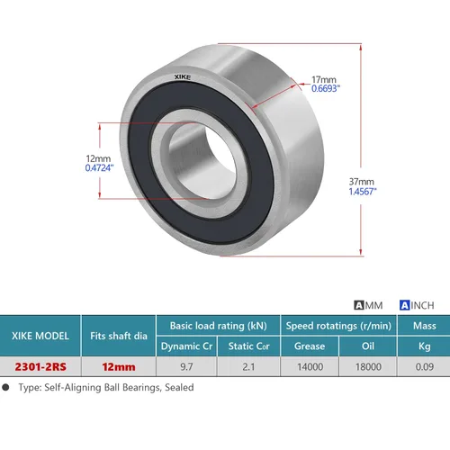 Vista 2 de XIKE 1 Pcs 2201-2RS Sealed Self-Aligning Ball Bearings 12x32x14mm. Lubricated and Chrome Steel Fits