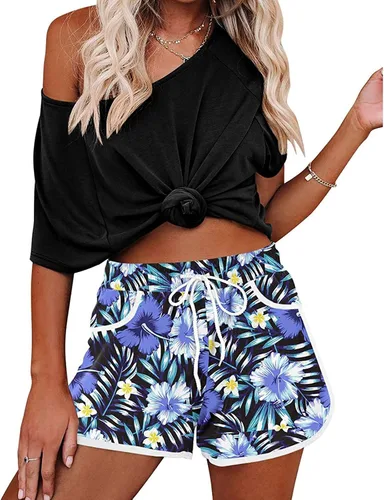 Vista 3 de DASAYO Women Floral Print Summer Beach Casual Shorts Tie Waist Short Pants Light Sports Cute Biker Running Short with Pockets